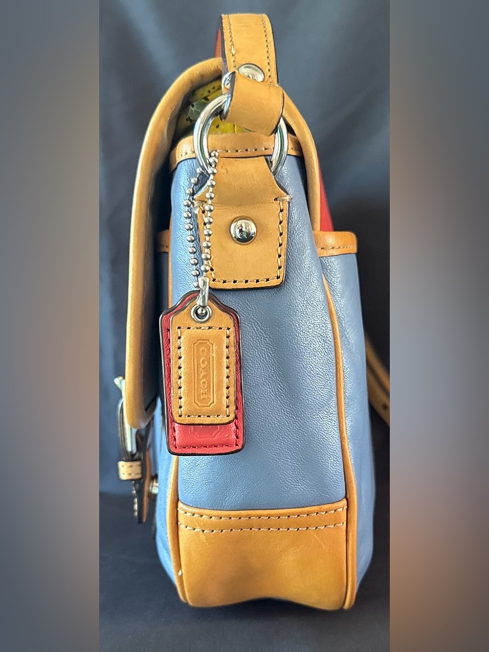 Coach Park Colorblock Flap Crossbody (F23383) in Red & Blue With Tan Trim - Picture 7 of 15